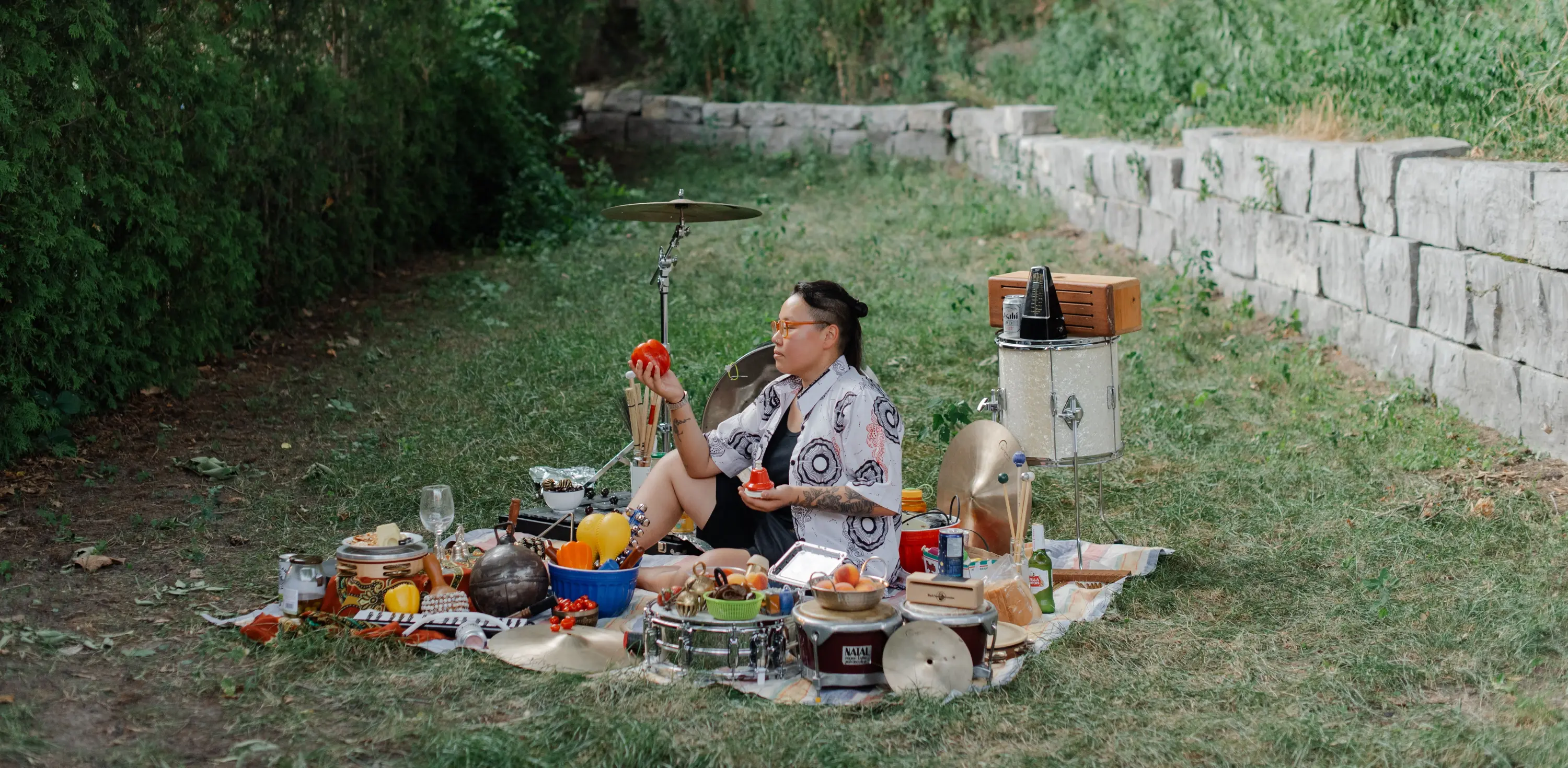 Yang Chen with percussion instruments